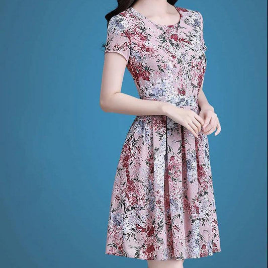 Women Summer Vintage High Waist Short Sleeve Holiday Dress Elegant Slim Mid-length Floral Print Pleated Casual Dress