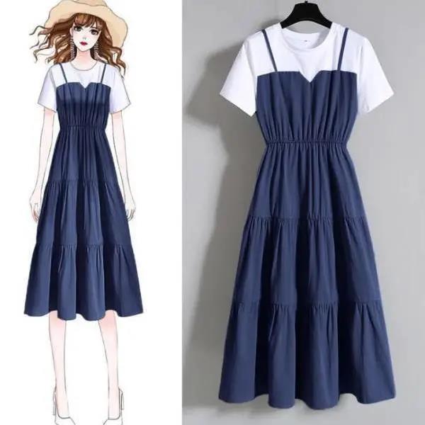 Women Vintage High Waist Round Neck Holiday Splicing Dress Elegant Slim Large Size Pleated Short Sleeve Casual Dress