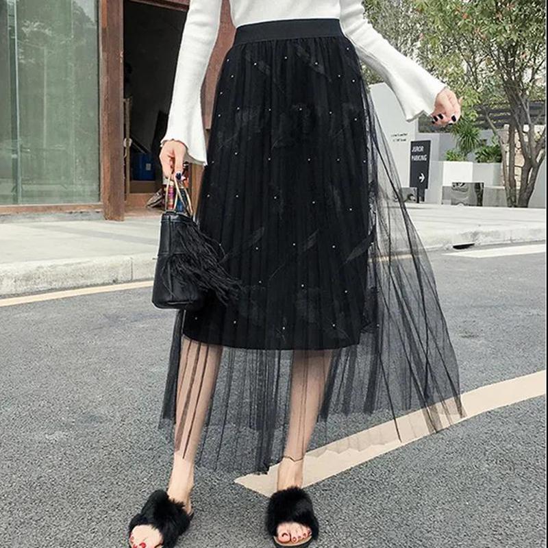 Half-length Skirt Female Four Seasons Can Wear Heavy Beaded Feather Embroidery Three-layer Fabric Mesh Sweet Pleated Fairy Long Skirt