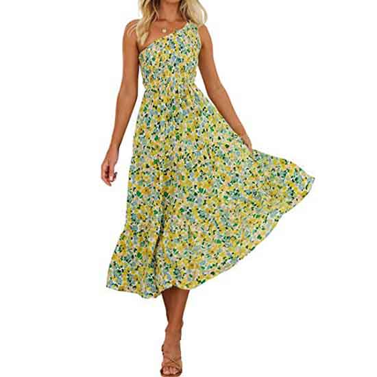 Dress Women Summer Print Boho One Shoulder Sleeveless Dress