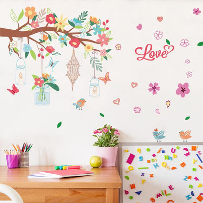 Pink Romantic Bird Cage Flower Colorful Tree Removable Wall Sticker Waterproof Wallpaper