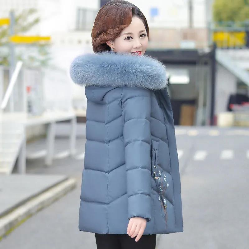 Winter Down Cotton Jacket Fashion Fur Collar Hooded Mid-length Jacket Thick Warm Cotton Jacket Suitable for Middle-aged Women