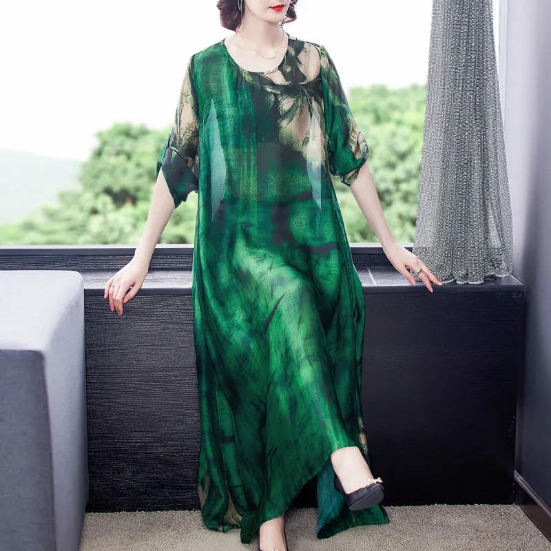 Spring and Summer Literary Temperament High-end Dress Women's Large Size Loose and Thin Covering Belly Printing Irregular