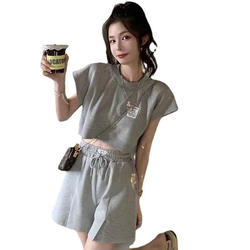 2PCS Women's Casual Sportswear Suit Korean Version Loose Short Sleeves + High Waist Wide Leg Shorts Two-piece Fitness Jogging Short Suit