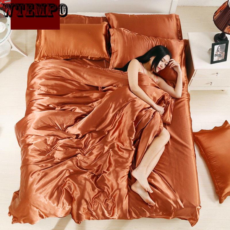 Four-piece Set of Wed Bed Set Pillowcase Couvre Lit Luxury Wrinkle Home Ptian Cotton Satin