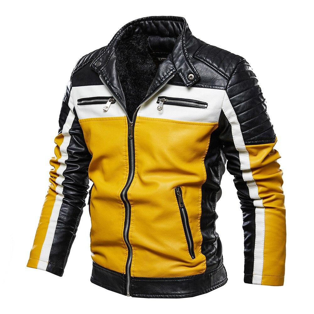 Men Yellow Leather Jacket Patchwork Biker Jacket Men Casual Zipper Coat Men Motorcycle Jacket Slim Fit Fur Lined Outwear Coat