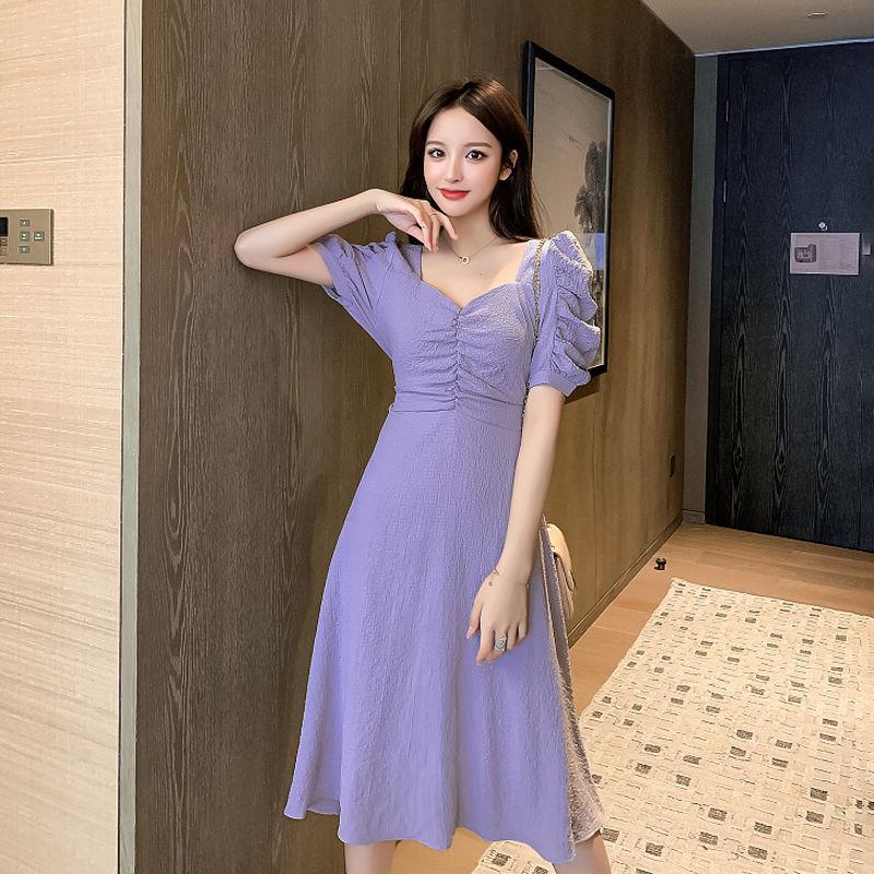 Female Simple Slim Puff Sleeve Dress Chiffon Shows Thin V-neck Soft Elegant Medium Length Party Dress