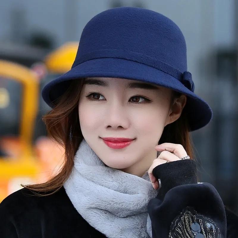 Women's Simple Elegant Pot Hat Wool Blended Bow Basin Hat Autumn Winter Solid Color Casual All-match Bucket Hat