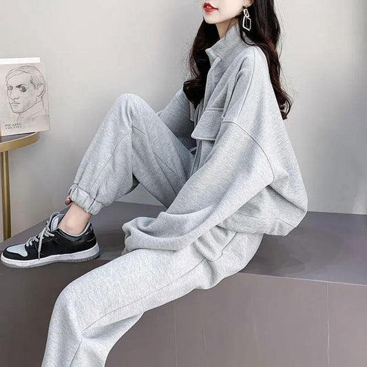 2PCS Women's Autumn Leisure Sports Sweater Suit Two-Piece Zipper Cardigan + Sweatpants Ladies Loose Fitness Clothing