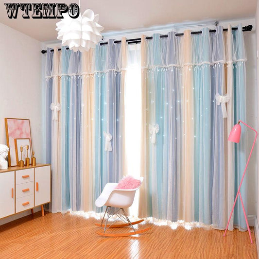 WTEMPO Princess Double Curtains Stars Living Room Ins Net Red Star Curtains All Blackout