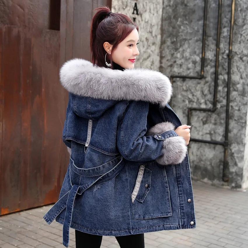 Denim Jacket Women Winter Jeans Jackets and Coats Fur Collar Hooded Thick Plush Warm Parka Casual Loose Jackets Mid-length Outwear Medium Long Clothes