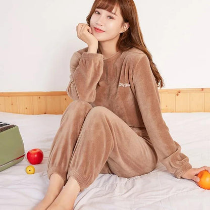 Women's Autumn and Winter Warm Pajamas Set Thickened Coral Velvet Home 2 Pieces Set Solid Color Versatile Loose Casual Long Pants Set