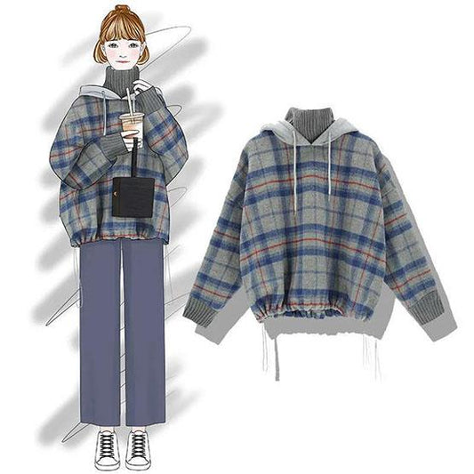 Women's Autumn and Winter Sweater Loose Hooded High Neck Pullover Plaid Large Size Plush Coat