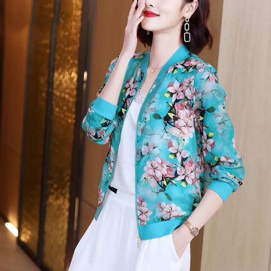 Sun Protection Clothing Color Baseball Uniform Jacket Cardigan Spring and Summer Short Jacket Women's Chiffon Top