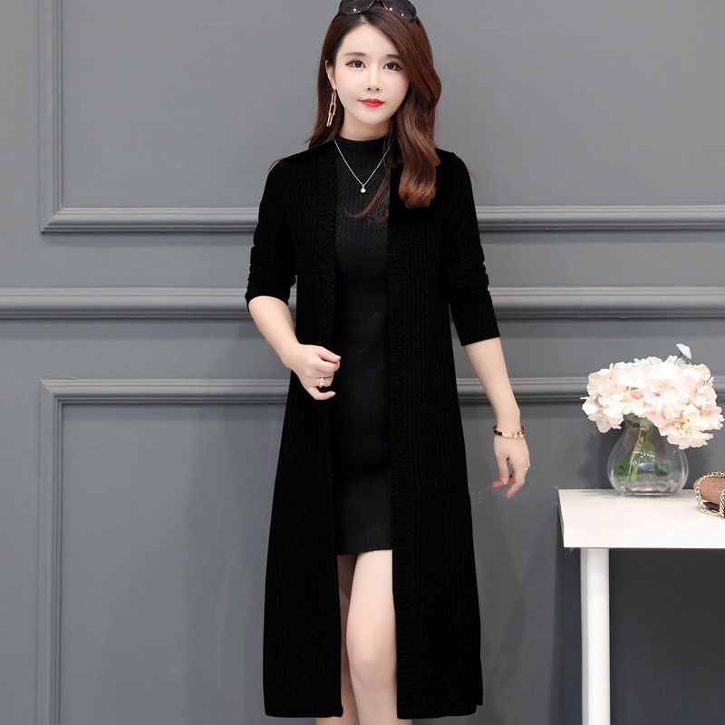 Autumn and Winter Knitted Cardigan Jacket Mid-length Thick Long-sleeved Sweater Pure Color Simple Female Jacket