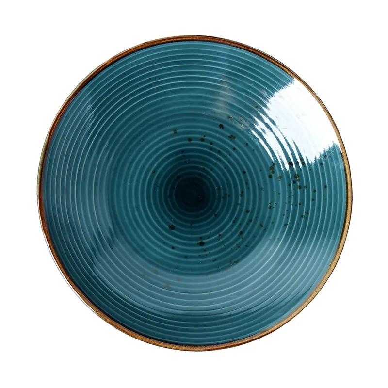 Nordic Style Simple Ceramic Plate Thread Pitted Household Dish Steak Plate Dark Green Salad Plate Disc