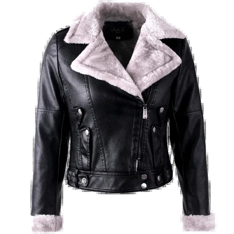 Faux Fur Coat Women Short Slim Plus Velvet Thick Warm Leather Jacket Student Motorcycle Black Autumn and Winter Fur Collar Ladies Jackets