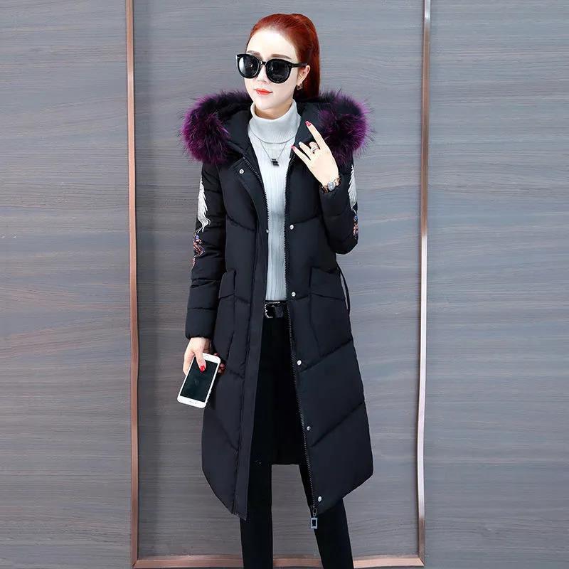 Ladies Down Jacket Winter Fashion Big Fur Collar Hooded Jacket Thick and Cotton Warm Mid-length Jacket