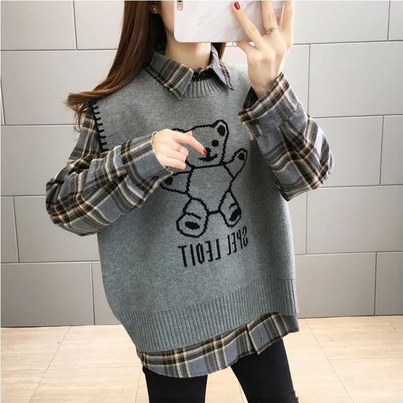 Bear Knitted Vest Jacket Women Autumn and Winter Loose Sweater Vest Shirt Suit Long-sleeved POLO Collar To Keep Warm and Comfortable