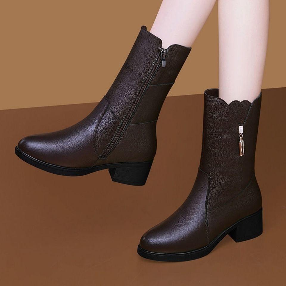 Autumn and Winter Plus Velvet Warm Soft Leather Mid-tube Martin Boots Mid-heel Cotton Boots