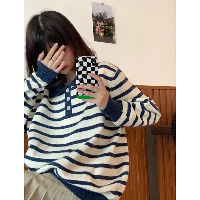 College Style Polo Collar Striped Sweater Female Student Autumn and Winter Casual Loose and Lazy Pullover Sweater Top Outer Wear