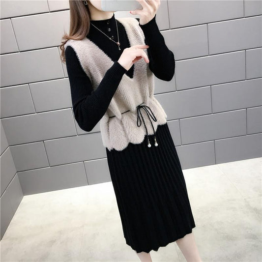 Long Sleeve Sweater Dress Spring and Autumn Waist Knitted Vest Two-piece Dress Women Mid-length Temperament Women