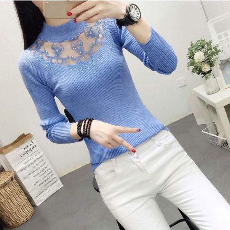 Autumn and Winter Korean Sexy Hollow Diamond-studded Sweater Women's Pullover Sweater Stretch Mesh Embroidery Lace Base Sweater