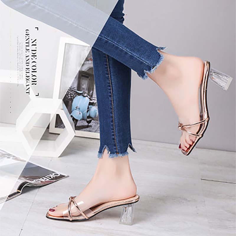 Sandals Women's Summer Wear Fashion All-match High-heeled Sandals Thick with Transparent Crystal Heel Women's Shoes