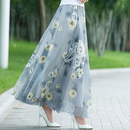 Summer New Chiffon Skirt Long Plus Size Skirt Bohemian Floral Big Swing Female Beach Skirt Long Skirt Women's A-line Skirt