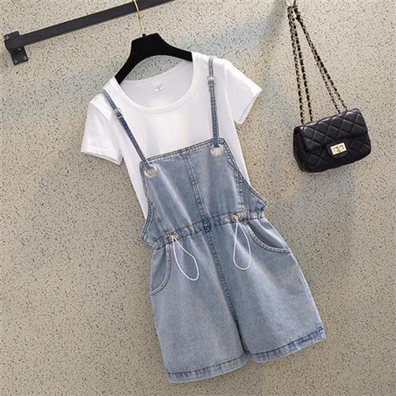 Fashion T-shirt Overalls Suits Women T-shirt  Elastic Waist Strap Denim Shorts Two Piece Short Set