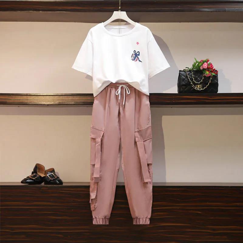 Large Size Suit Female Spring and Summer Loose and Thin Casual Two-piece Sports and Leisure Suit Cool Girl Adjustable Waist Size Two-piece Suit