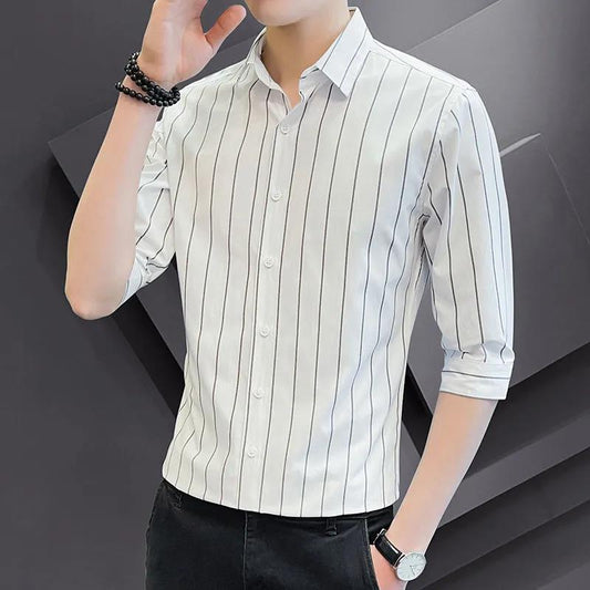 Summer Striped Shirt Men's Trend Handsome All-match Three-quarter Sleeve Men's Shirt Short-sleeved Sleeve Shirt