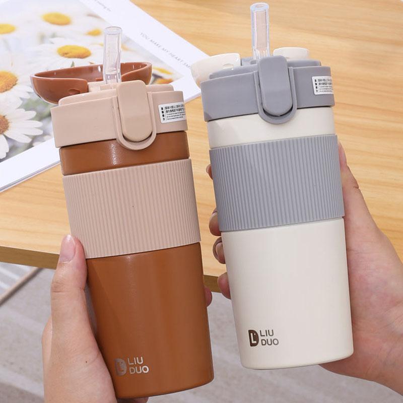 Straw Thermos Cup Girls Water Cup Student Portable Coffee Cup Portable Thermos Cup Large Capacity Cup