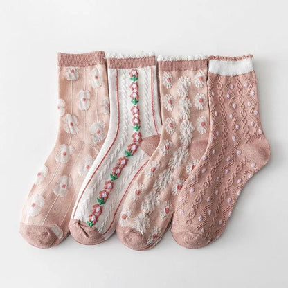 4 Pairs Women's Pink Socks Japanese Sweet Three-dimensional Jacquard Medium High Tube Stocking Spring Autumn Winter Comfortable Elastic Socks