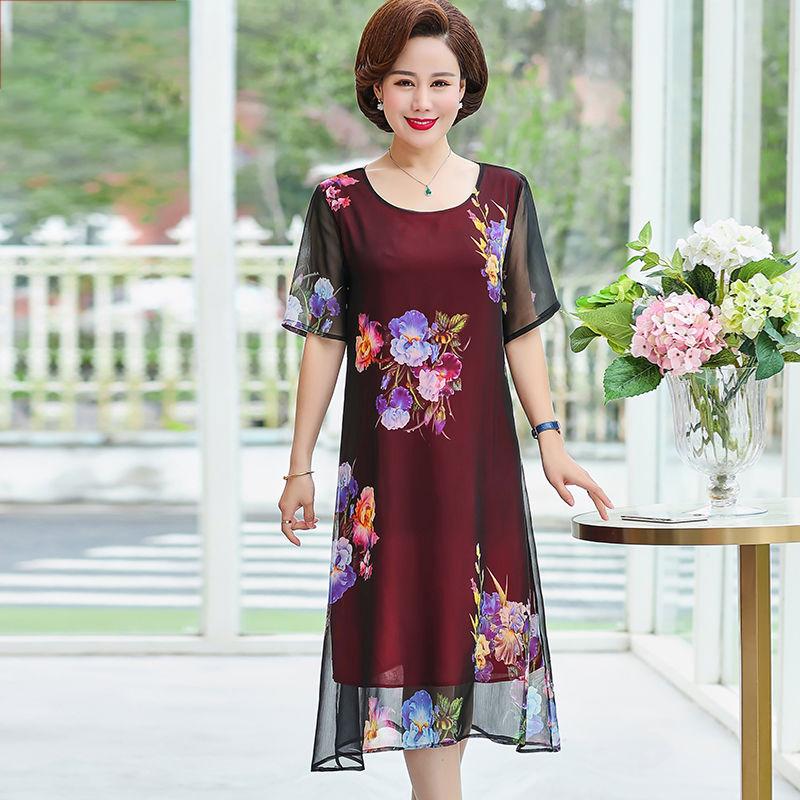 XL-XXXXXL Plus Size Mom's Summer 2 Layers Chiffon Dress Mid-length  Printed Over-the-knee Skirt