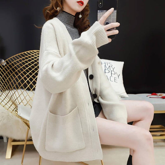 4 Colors Women Loose Cashmere Long Section V-neck Sweater Knitted Cardigan Button Jackes