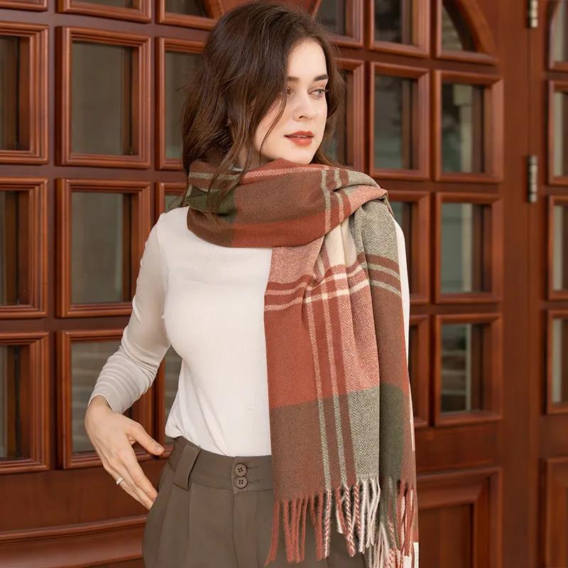 Women's Cashmere Scarf Fashion Fringed Plaid Scarf Winter Dual-use Lengthened Thick Shawl Scarf