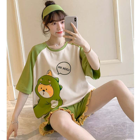 Women Cute Cartoon Pajamas Set Summer Short-sleeved T-shirt and Short Pants Print Outer Wear Homewear Ladies Sleeping Suit Casual Loose Pyjamas Set