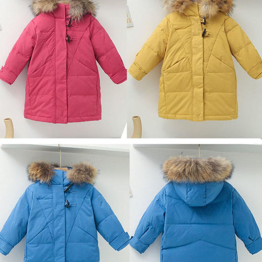 Children's Down Jacket Mid-length Thickened White Duck Down Big Fur Collar Children's Clothing Warm and Windproof Jacket