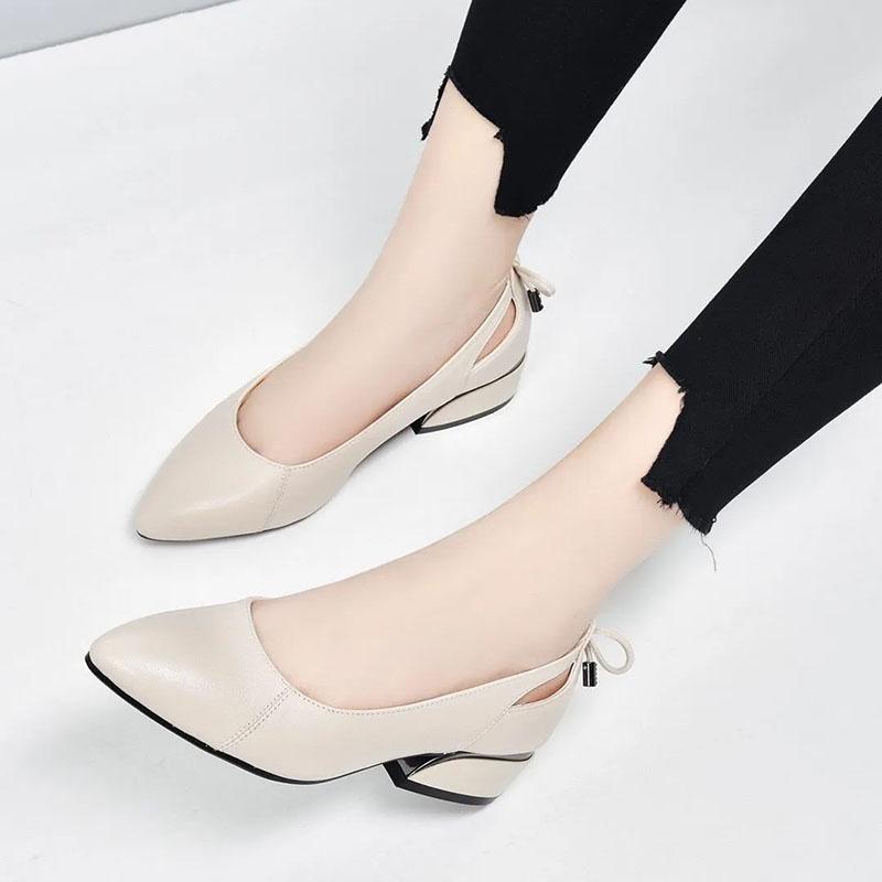 Soft Leather Shoes Women Spring Summer Work Low Heels Pointed Shoes Shallow Mouth Shoes Ladies Thick with Work Shoes