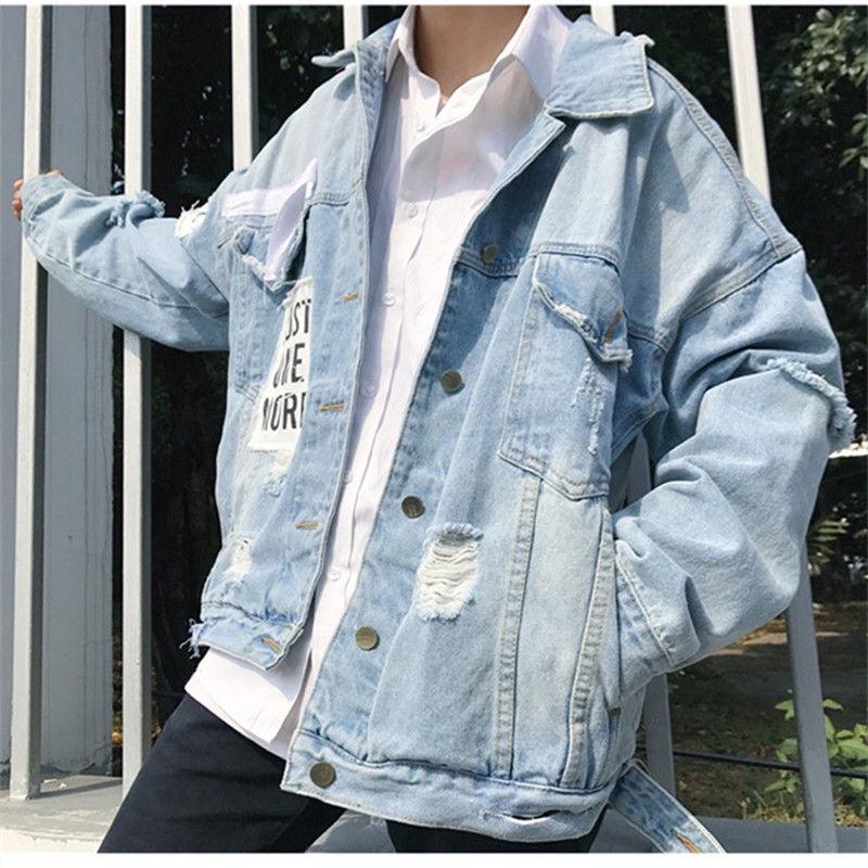 Men's clothing jacket spring and autumn denim jacket men's loose trend hole jacket jacket large size