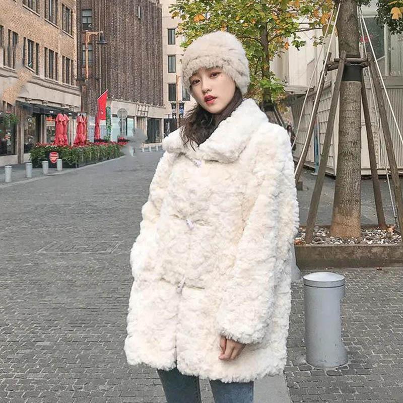 Autumn and Winter Cashmere Imitation Fur Coat Women Stand-up Collar Lazy Horn Buckle