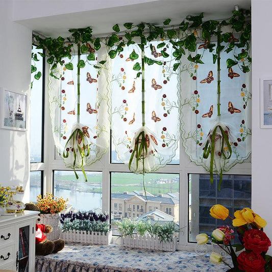 Romantic Butterfly Floral Voile Tulle Curtains Draw String  Door Window Curtain Balcony Panel Sheer Curtains