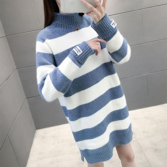 Autumn and Winter Mohair Sweater Skirt Mid-length Plus Velvet Thick Bottoming Shirt Loose Striped Women's Dress