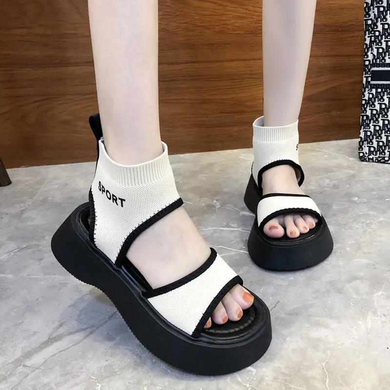 Summer Knitted Turtleneck Hollow Fish Mouth Sandals Non-slip Platform Platform Shoes Women's Elastic and Comfortable Sandals