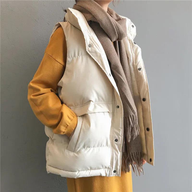 Winter Women Cotton Down Vest Warm Sleeveless Loose Waistcoat Casual Stand Collar Short Vest Female Padded Jacket Outerwear