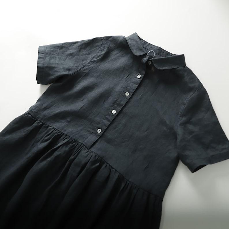 Women Summer Linen Dresses, Shirt Collar Dress, Linen Button Dress Age-reducing Short-sleeved Dress Simple Loose and Thin Women's Dress