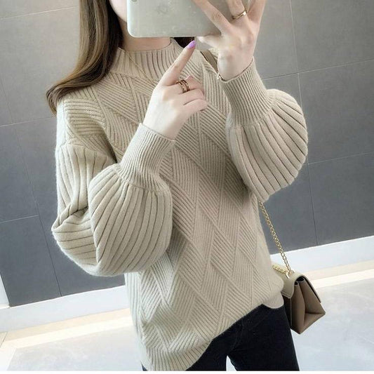 Casual Turtleneck Sweater Woman Winter Knitting Pullovers Lantern Sleeve Knitted Solid Jumper Women