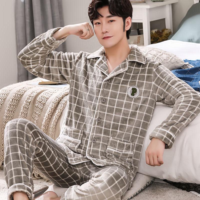 Pajamas Men's Winter Coral Velvet Thickened Plus Velvet Warm Spring, Autumn and Winter Men's Flannel Home Service Suit