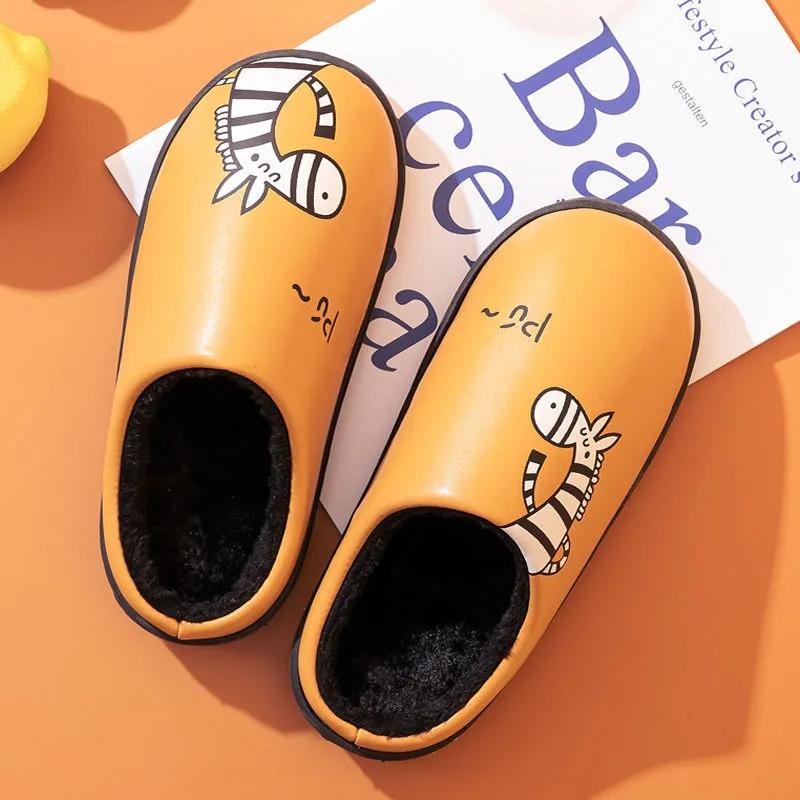 Waterproof Cotton Slippers Women PU Leather Non-slip Couples Home Slippers House Sliders Men Winter Thick Warm Cartoon Cute Indoor Shoes Bedroom